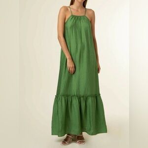 NWT FRNCH Paris Lena Green Crinkle Tiered Maxi Dress - Size L